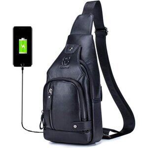 Genuine Leather Sling Bag with USB Charging Port Multi-pocket Chest Bag for Men